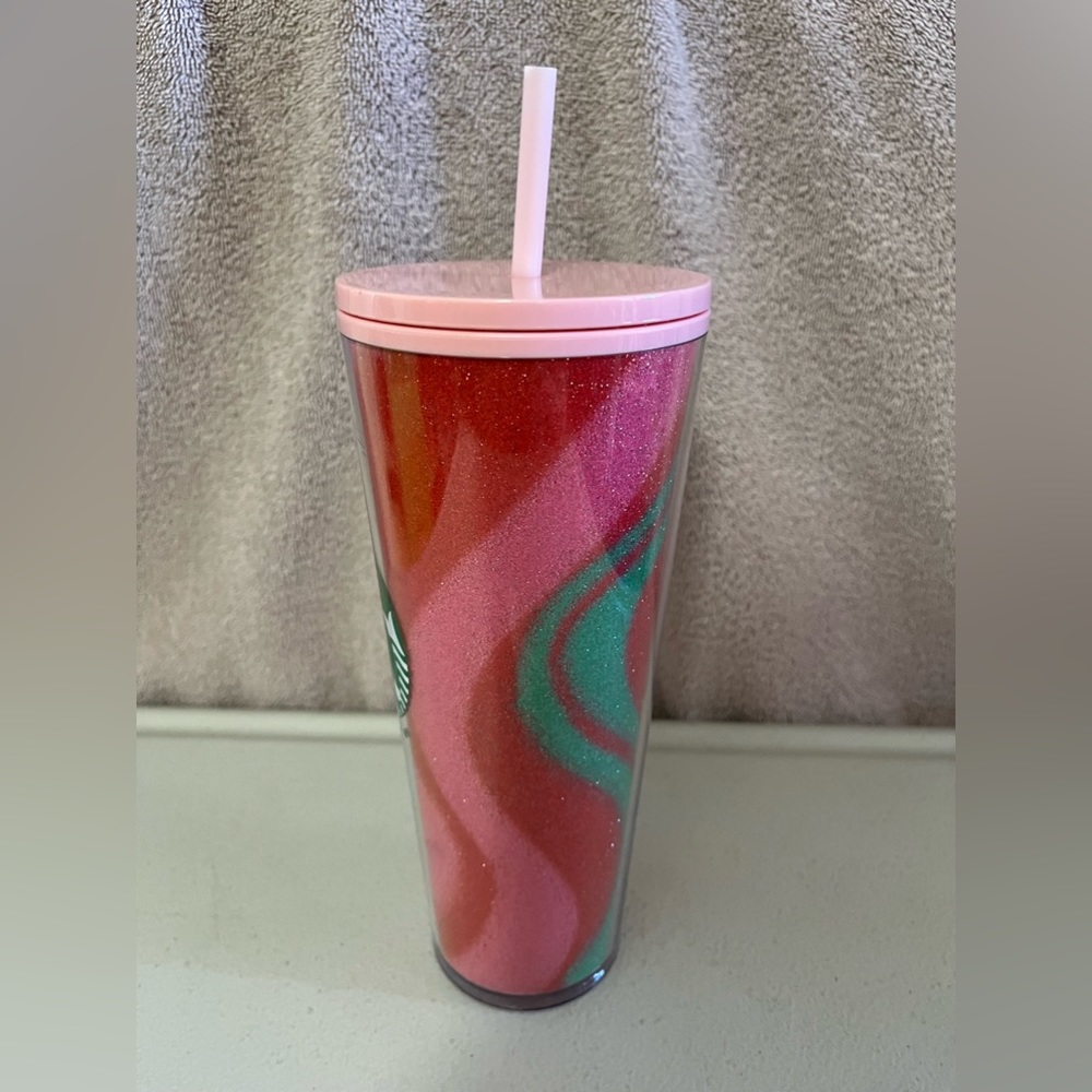 Starbucks 2020 Glitter Pink Green Swirl 24oz Holiday Tumbler with Straw NWT - Picture 3 of 10